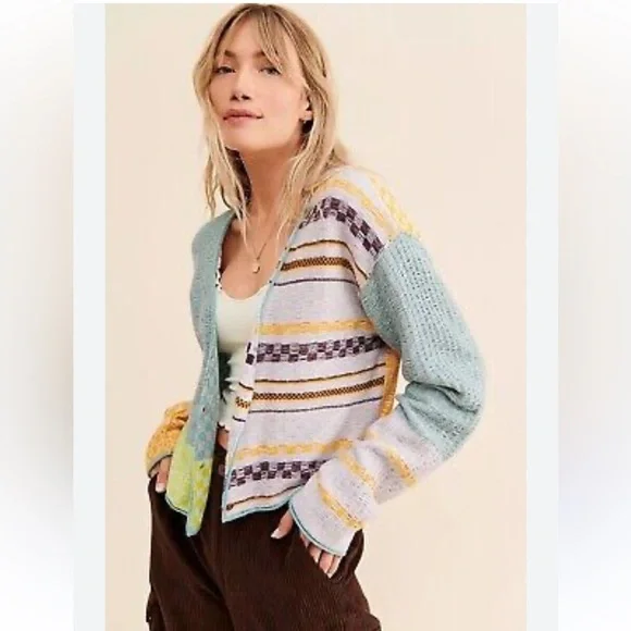 Free People women’s multicolor Ready Set Go Cardigan cropped sweater sz XS used - Picture 1 of 11
